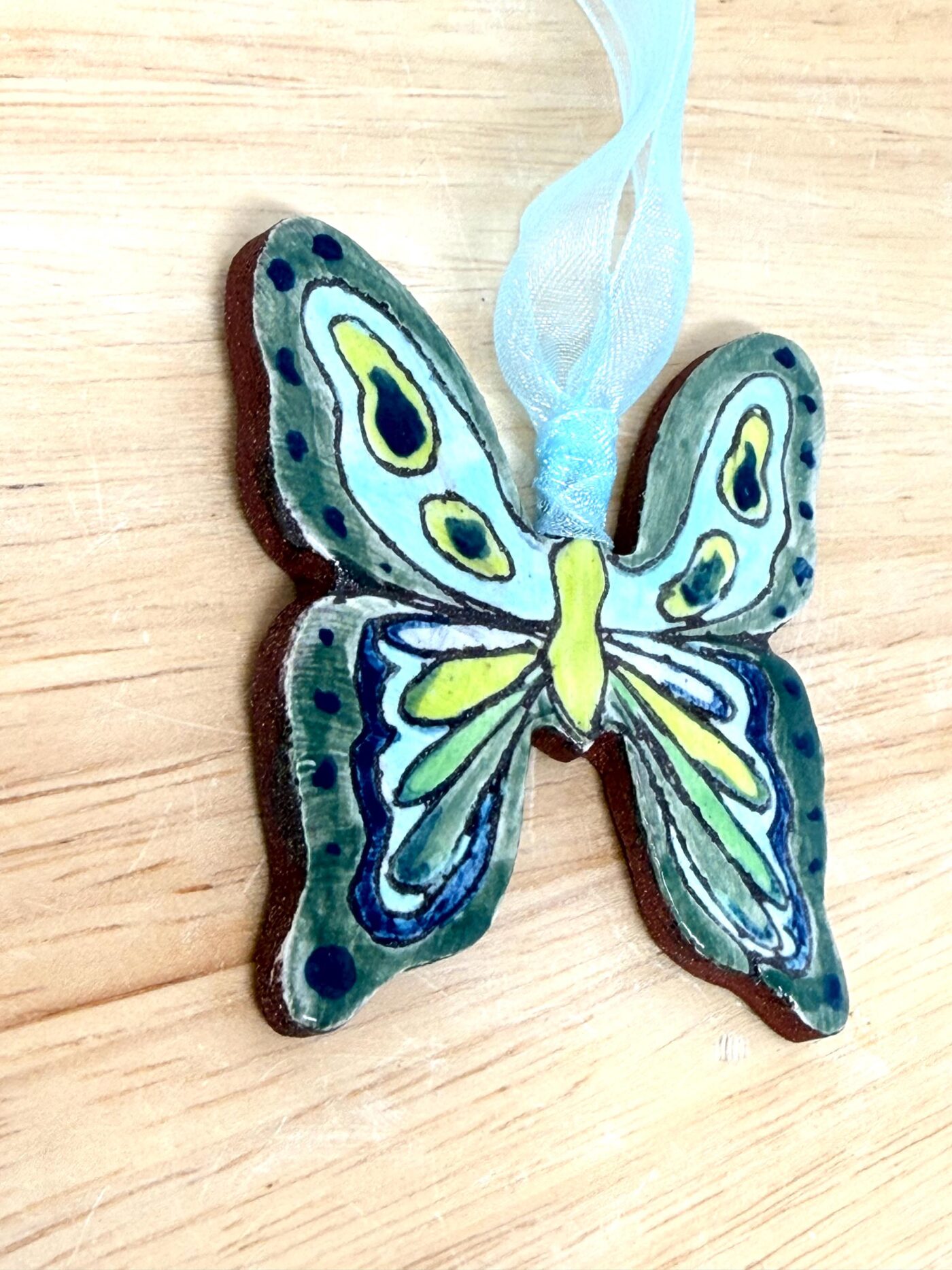 Handmade Ceramic Butterfly Ornament – Green & Yellow Folk Art Wall Hanging – Rustic Terracotta Decoration (8 of 11) -- Fabode Ceramics