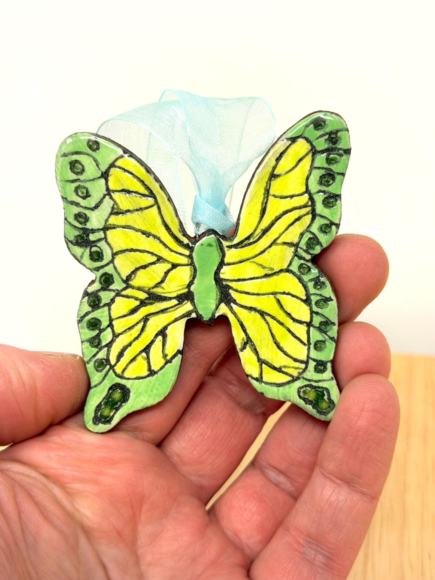 Handmade Ceramic Butterfly Ornament – Yellow & Green Folk Art Wall Hanging – Rustic Terracotta Home Decor (1 of 8) -- Fabode Ceramics