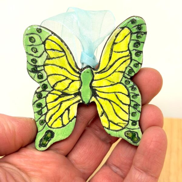Handmade Ceramic Butterfly Ornament – Yellow & Green Folk Art Wall Hanging – Rustic Terracotta Home Decor (1 of 8) -- Fabode Ceramics