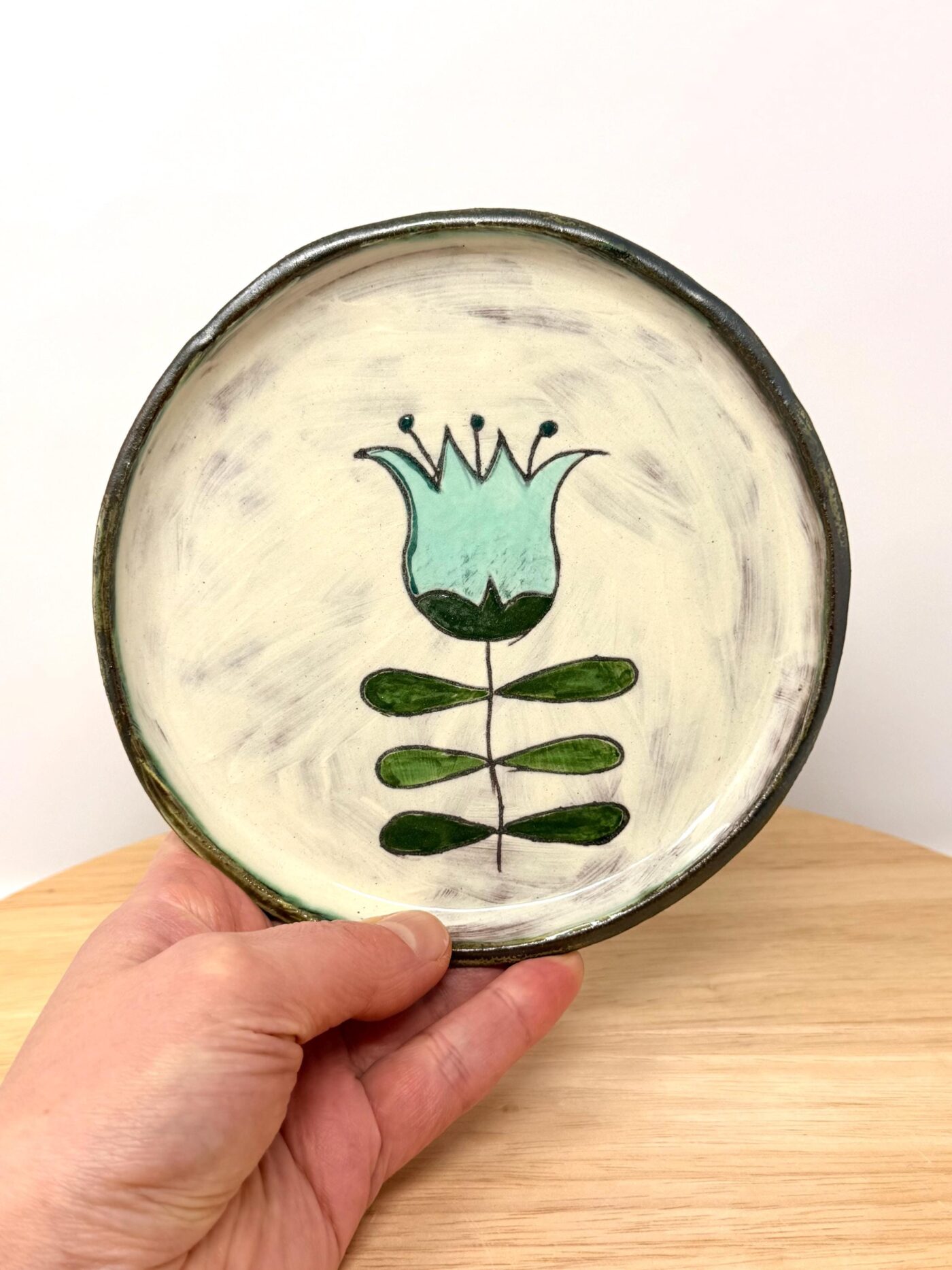 Handmade Small Ceramic Plate – Scandinavian Inspired Folk Flower – Rustic Terracotta Side Plate (1 of 14) -- Fabode Ceramics