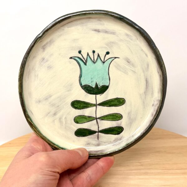 Handmade Small Ceramic Plate – Scandinavian Inspired Folk Flower – Rustic Terracotta Side Plate (1 of 14) -- Fabode Ceramics