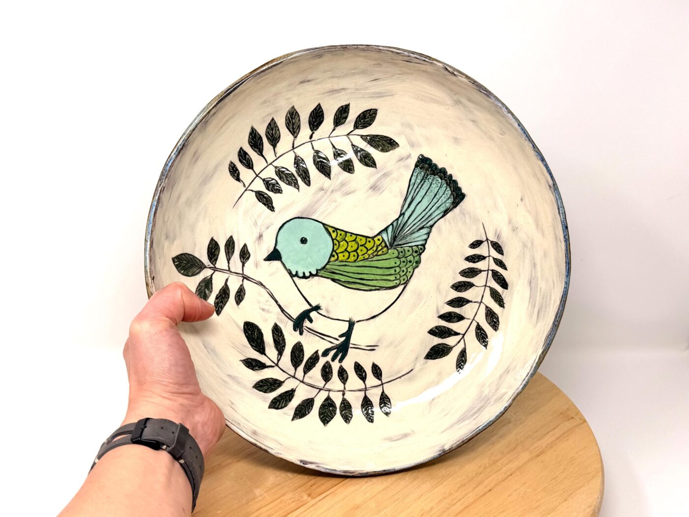 Large Ceramic Serving Bowl – Folk art inspired Bird, Rustic Terracotta Pasta Dish (1 of 12) -- Fabode Ceramics
