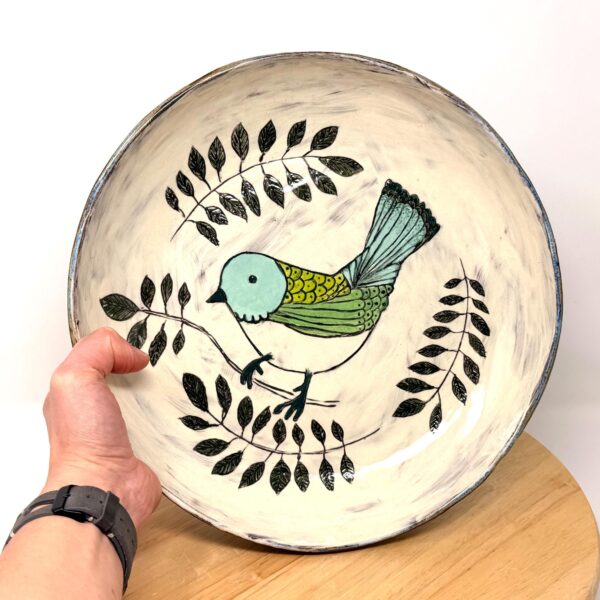 Large Ceramic Serving Bowl – Folk art inspired Bird, Rustic Terracotta Pasta Dish (1 of 12) -- Fabode Ceramics
