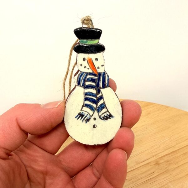 Hand-Painted Ceramic Snowman Ornament – Terracotta Clay Christmas Decoration (1 of 6) -- Fabode Ceramics