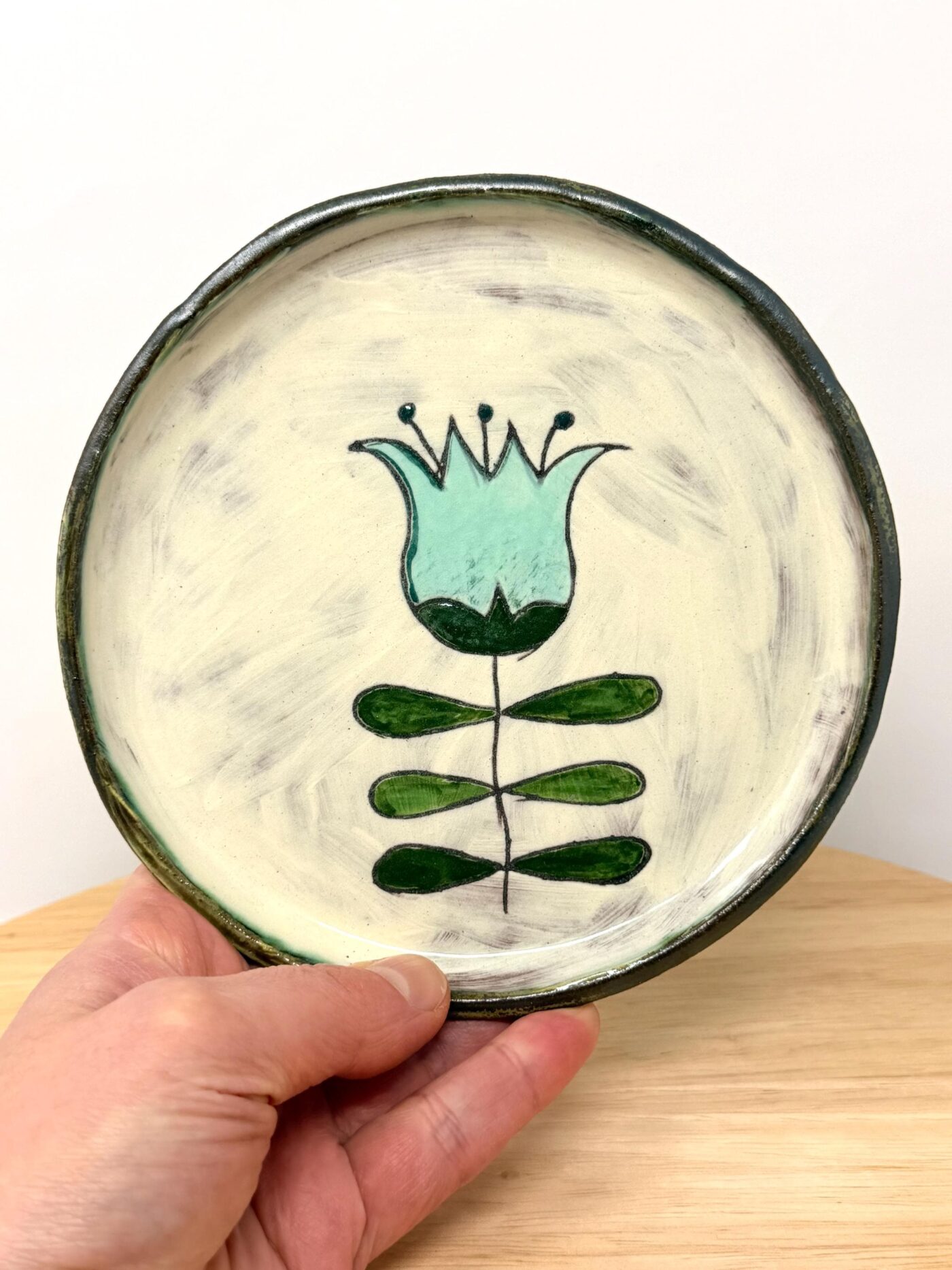 Handmade Small Ceramic Plate – Scandinavian Inspired Folk Flower – Rustic Terracotta Side Plate (2 of 14) -- Fabode Ceramics