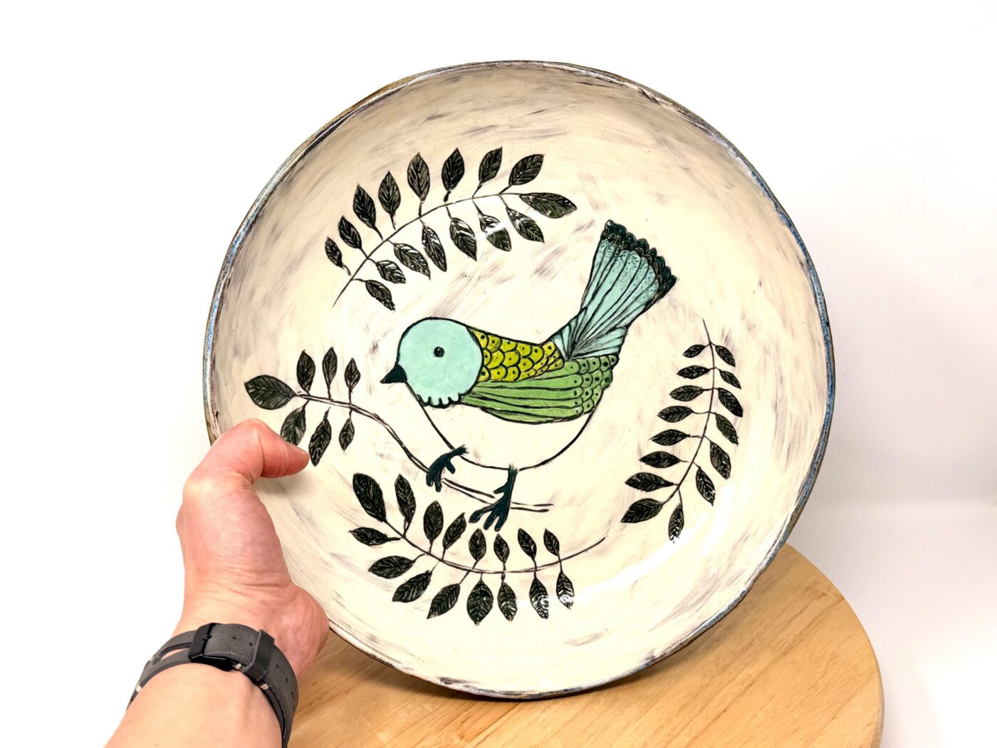 Large Ceramic Serving Bowl – Folk art inspired Bird, Rustic Terracotta Pasta Dish (2 of 12) -- Fabode Ceramics