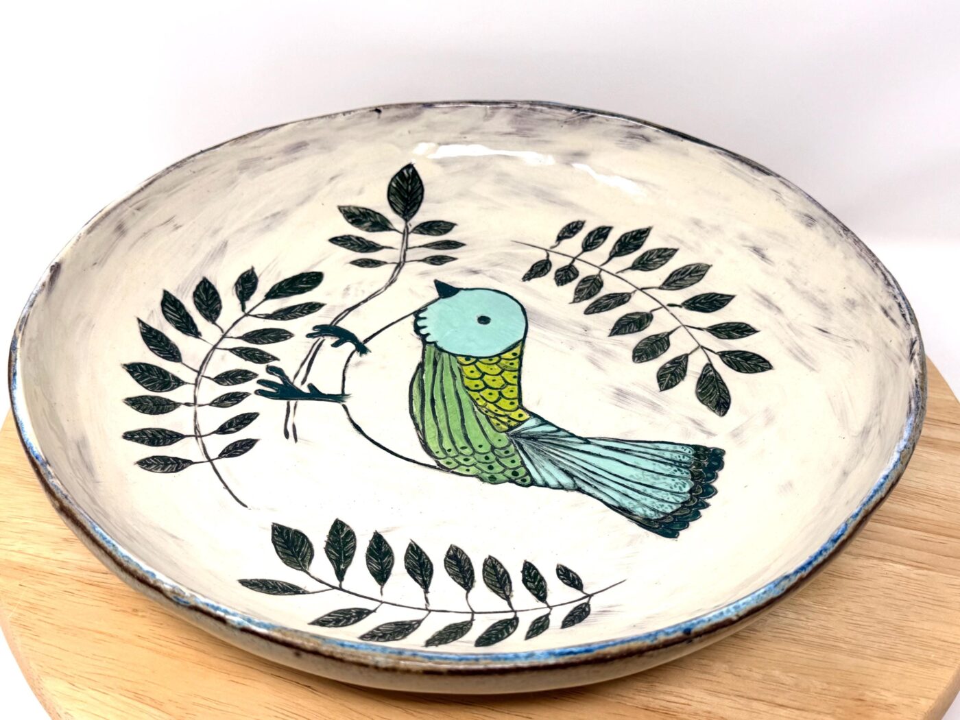 Large Ceramic Serving Bowl – Folk art inspired Bird, Rustic Terracotta Pasta Dish (7 of 12) -- Fabode Ceramics