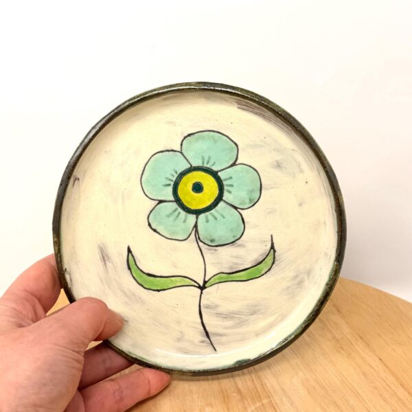 Handmade Small Ceramic Plate – Folk Flower Design – Rustic Terracotta Side Plate (1 of 13) -- Fabode Ceramics