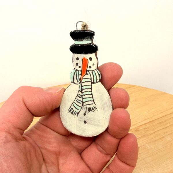 Hand-Painted Ceramic Snowman Ornament – Terracotta Clay Christmas Decoration (1 of 5) -- Fabode Ceramics