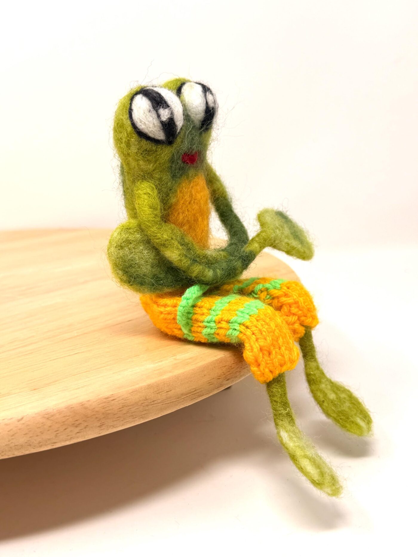 Needle Felted Frog Doll with Long Legs and Knitted Shorts | Whimsical Wool Sculpture (9 of 14) -- Fabode Ceramics