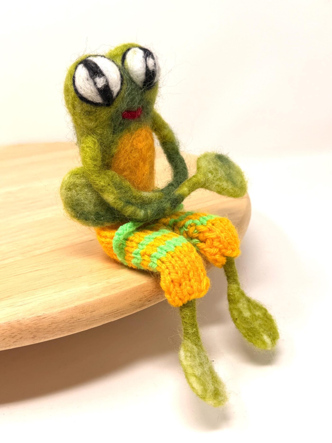 Needle Felted Frog Doll with Long Legs and Knitted Shorts | Whimsical Wool Sculpture (7 of 14) -- Fabode Ceramics