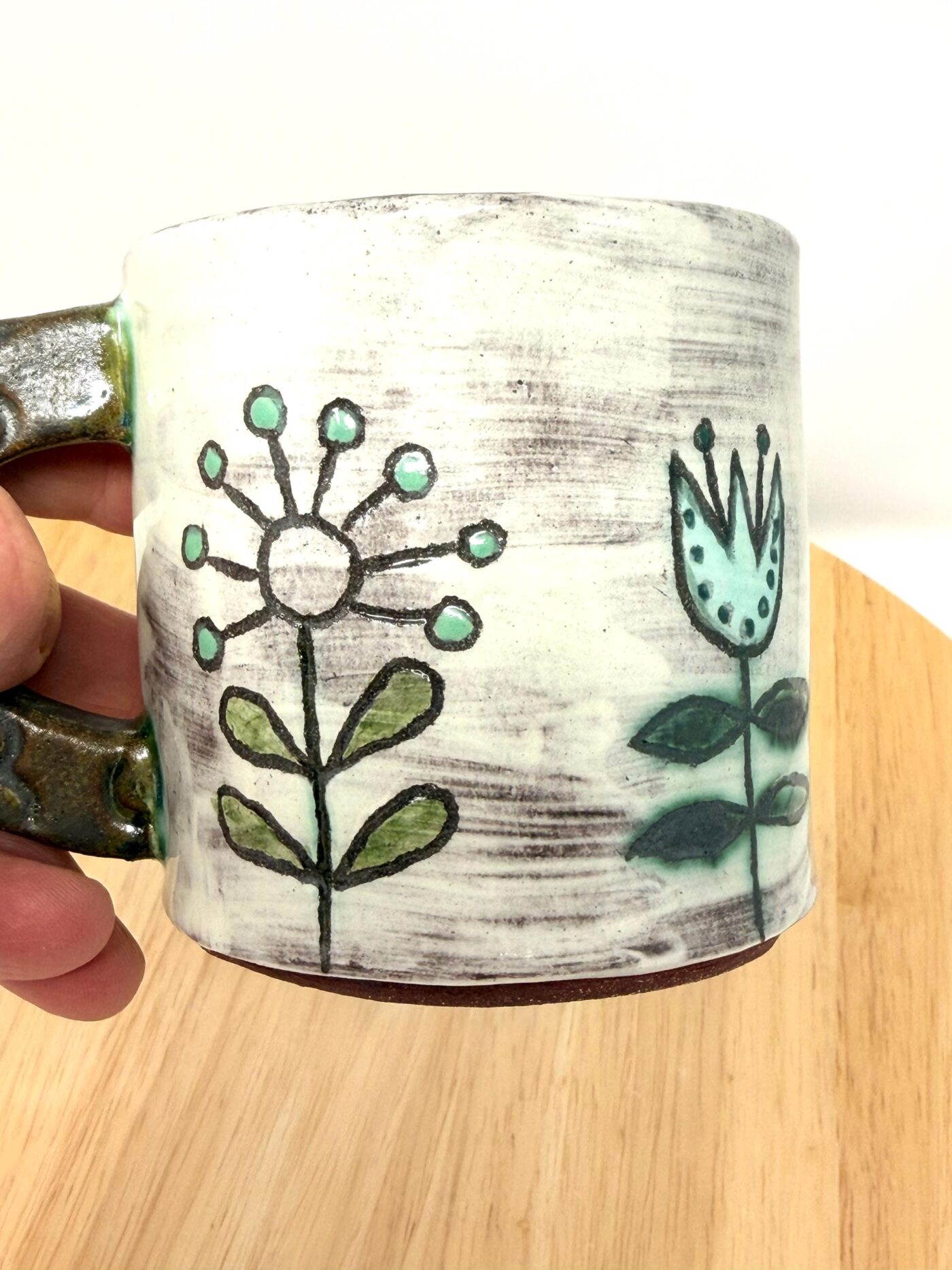 Handmade Ceramic Mug – Rustic Terracotta Stoneware, Sgraffito Folk Flower Design (3 of 18) -- Fabode Ceramics