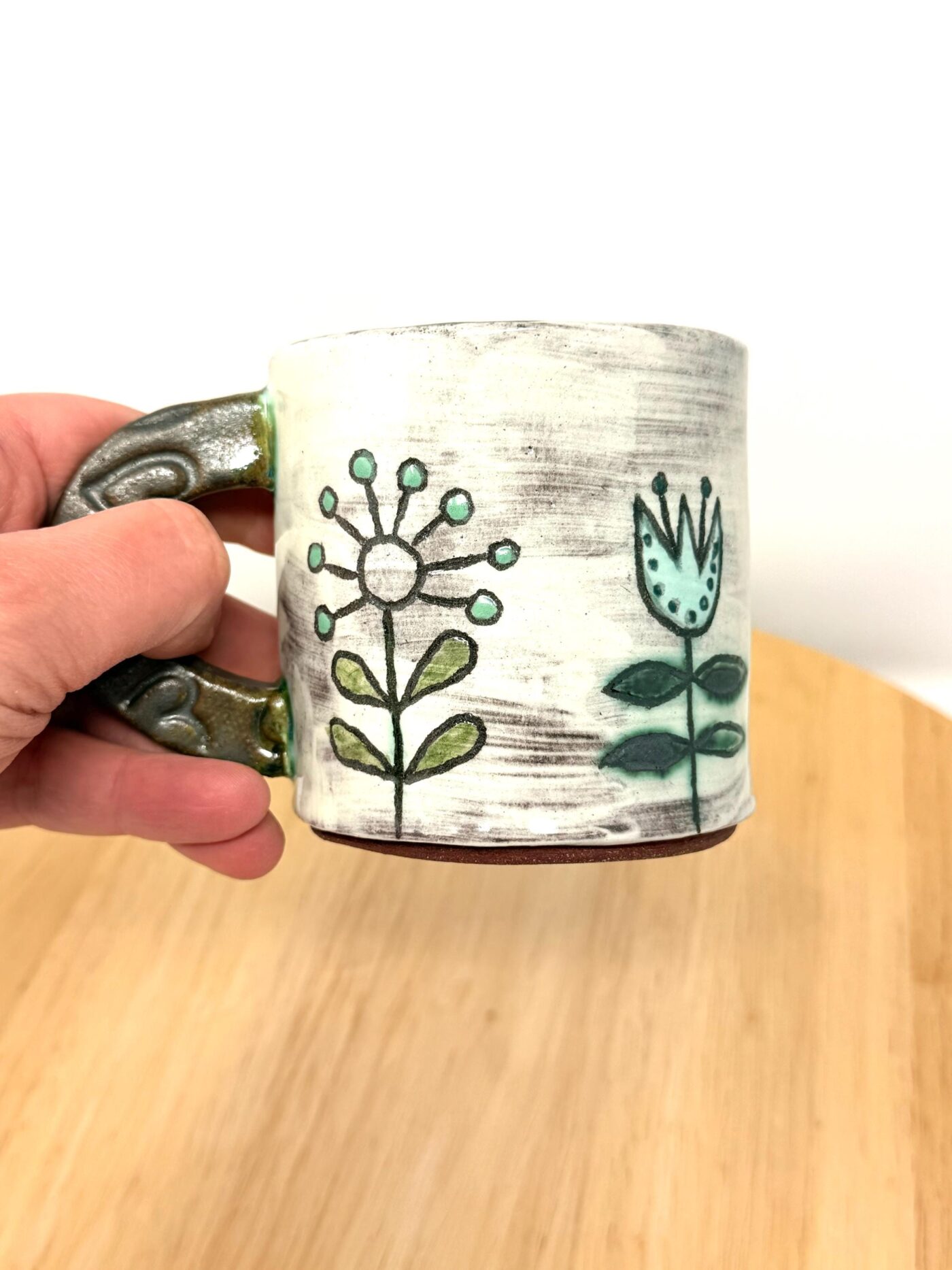 Handmade Ceramic Mug – Rustic Terracotta Stoneware, Sgraffito Folk Flower Design (2 of 18) -- Fabode Ceramics