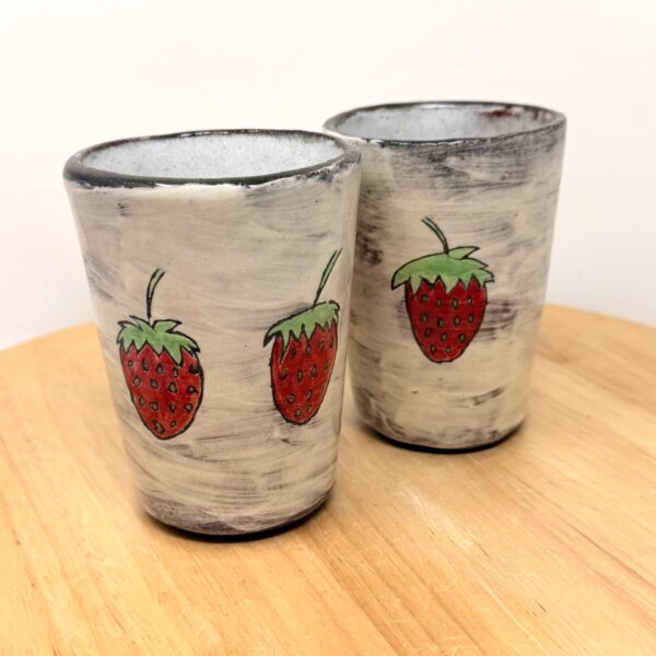 Strawberry Tumblers Pair – Handmade Ceramic Cups – Terracotta Pottery Set – Handbuilt Sgraffito Strawberry Design (1 of 15) -- Fabode Ceramics