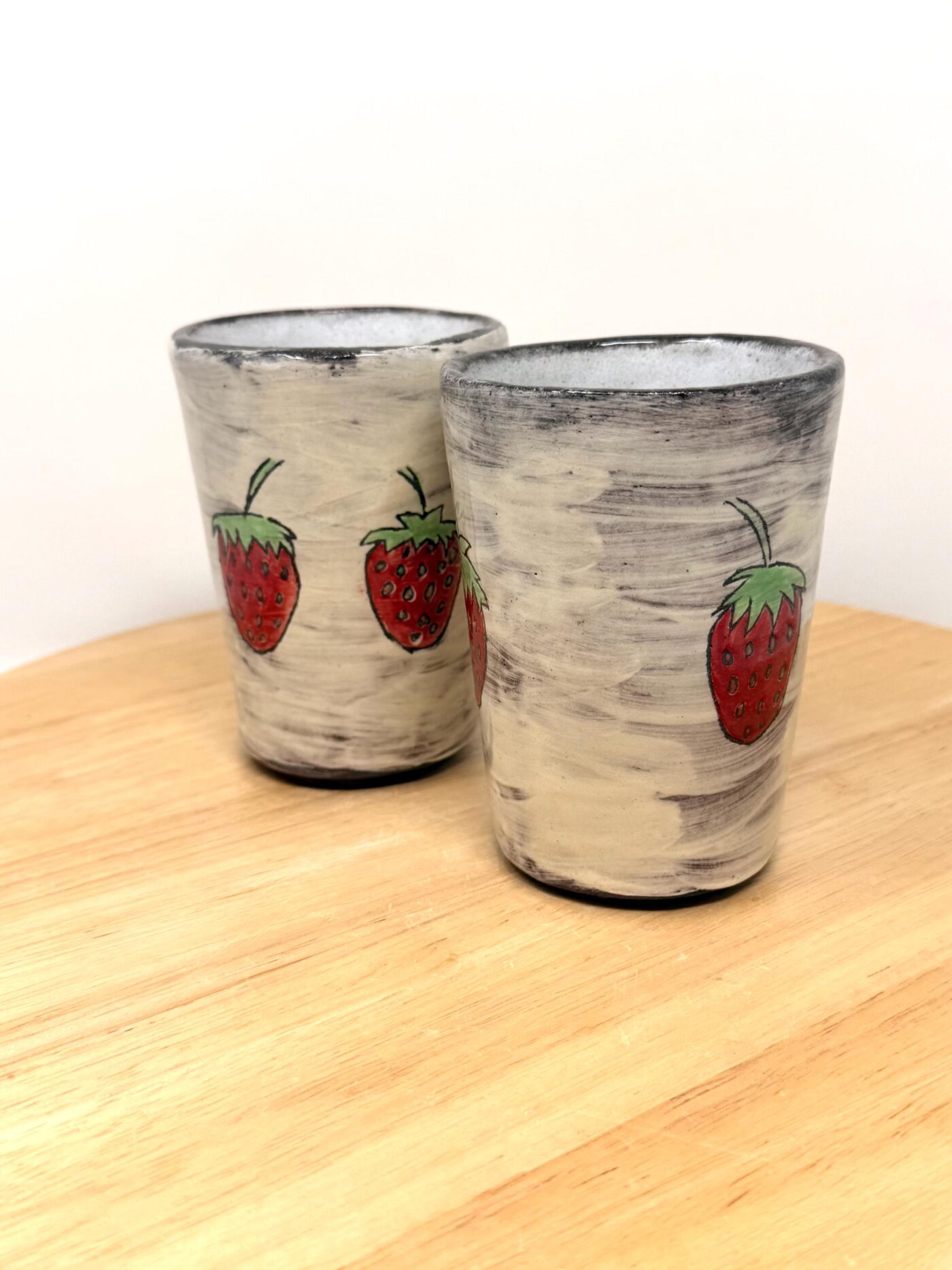 Strawberry Tumblers Pair – Handmade Ceramic Cups – Terracotta Pottery Set – Handbuilt Sgraffito Strawberry Design (12 of 15) -- Fabode Ceramics