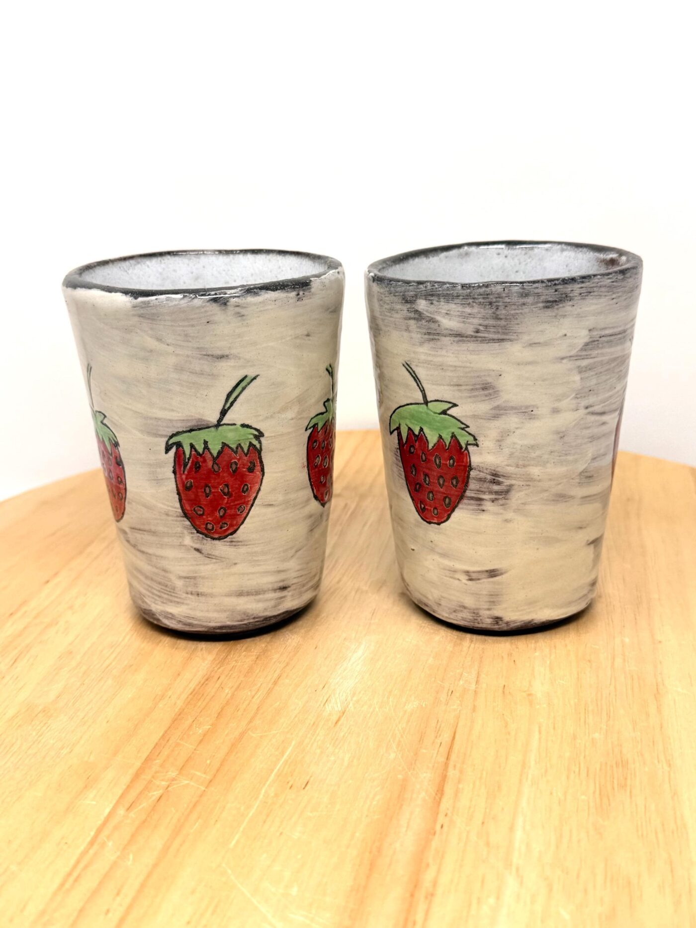 Strawberry Tumblers Pair – Handmade Ceramic Cups – Terracotta Pottery Set – Handbuilt Sgraffito Strawberry Design (3 of 15) -- Fabode Ceramics