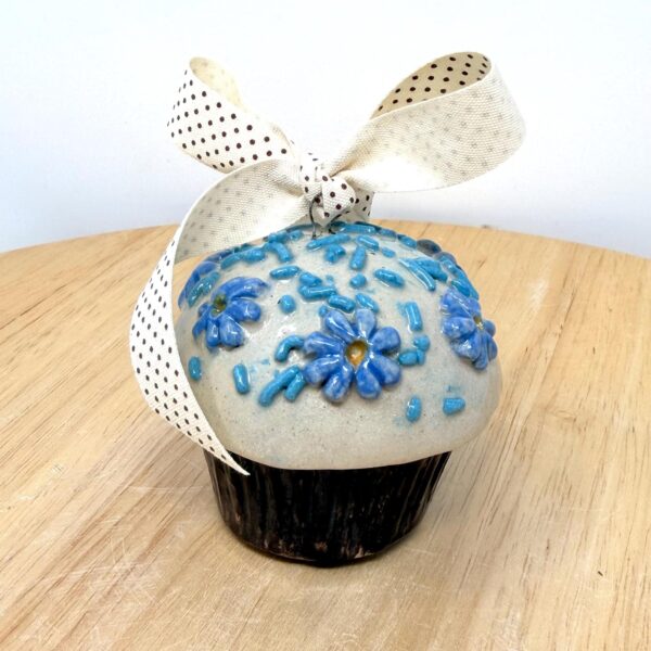 Blue Floral Muffin Ornament – One of a Kind Handmade Ceramic Decoration (1 of 12) -- Fabode Ceramics