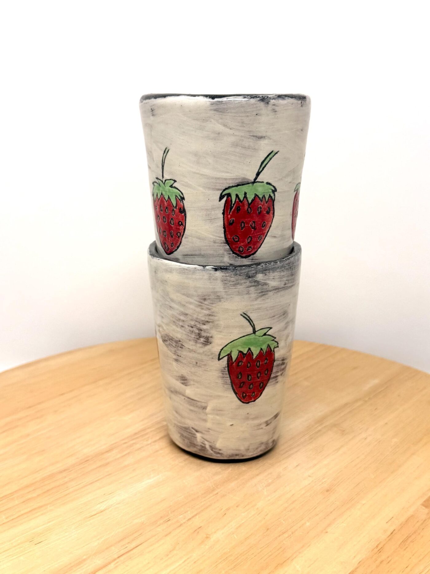 Strawberry Tumblers Pair – Handmade Ceramic Cups – Terracotta Pottery Set – Handbuilt Sgraffito Strawberry Design (2 of 15) -- Fabode Ceramics