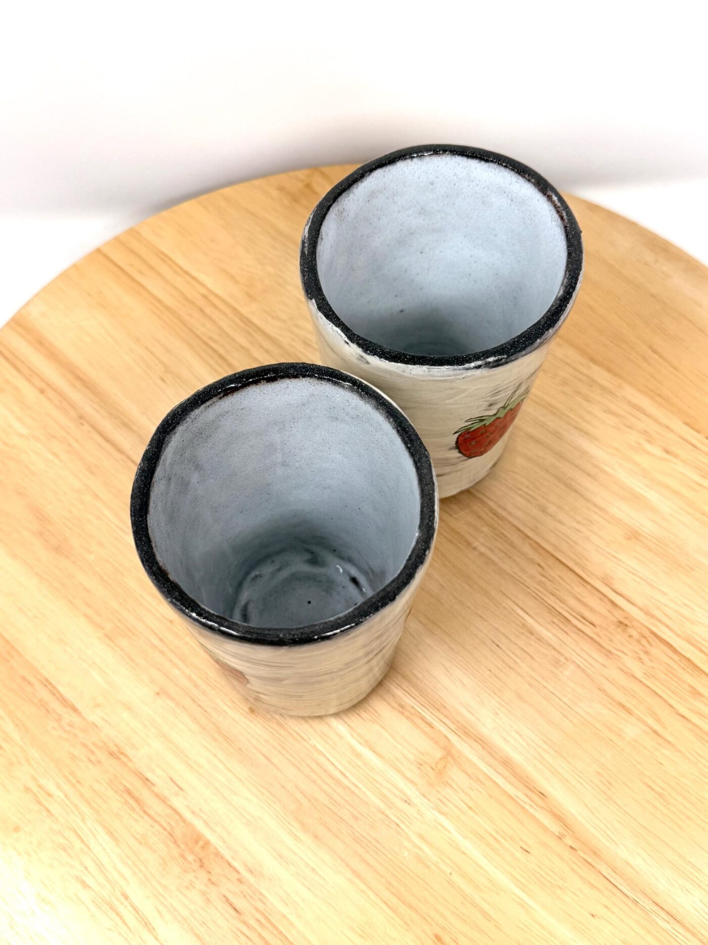 Strawberry Tumblers Pair – Handmade Ceramic Cups – Terracotta Pottery Set – Handbuilt Sgraffito Strawberry Design (10 of 15) -- Fabode Ceramics