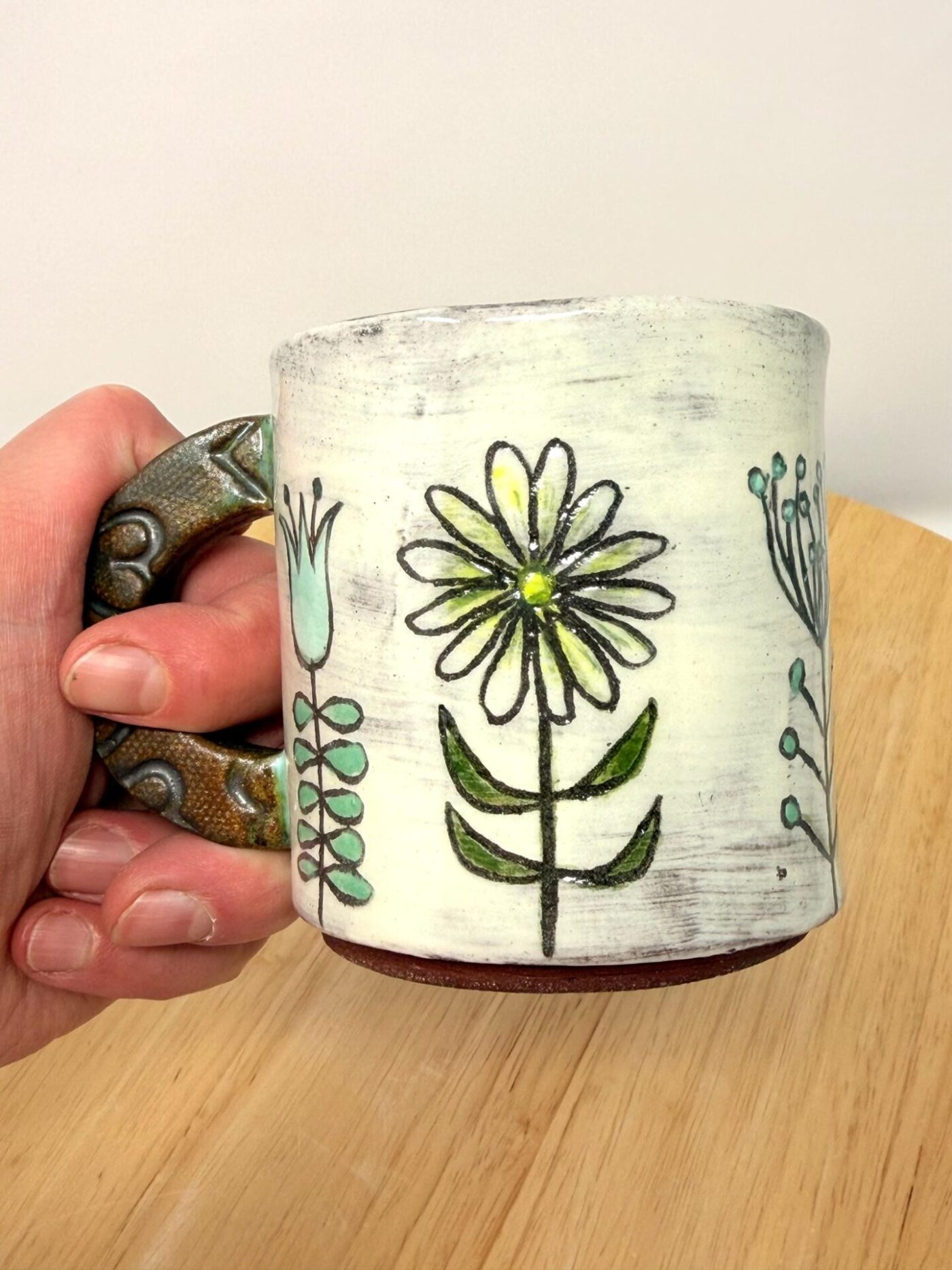Handmade Ceramic Mug – Rustic Terracotta Stoneware with Folk Flower Sgraffito Design (2 of 17) -- Fabode Ceramics