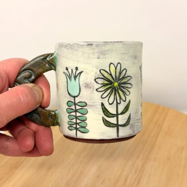 Handmade Ceramic Mug – Rustic Terracotta Stoneware with Folk Flower Sgraffito Design (1 of 17) -- Fabode Ceramics