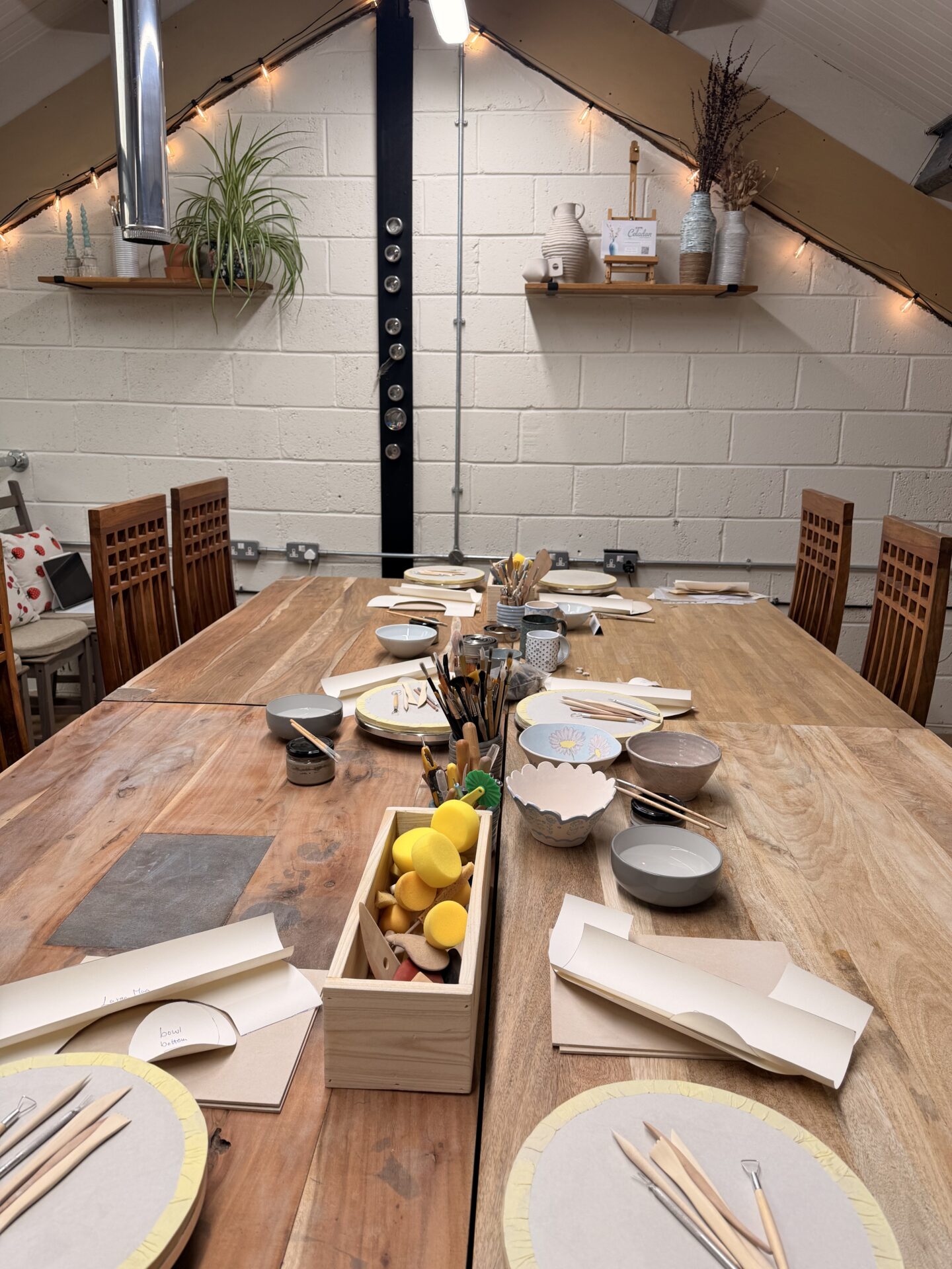 Fabode studio table set up for the Create Your Own Breakfast Set workshop