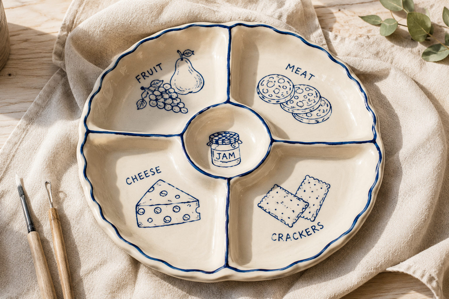 Round sharing platter with four sections and a central dip bowl