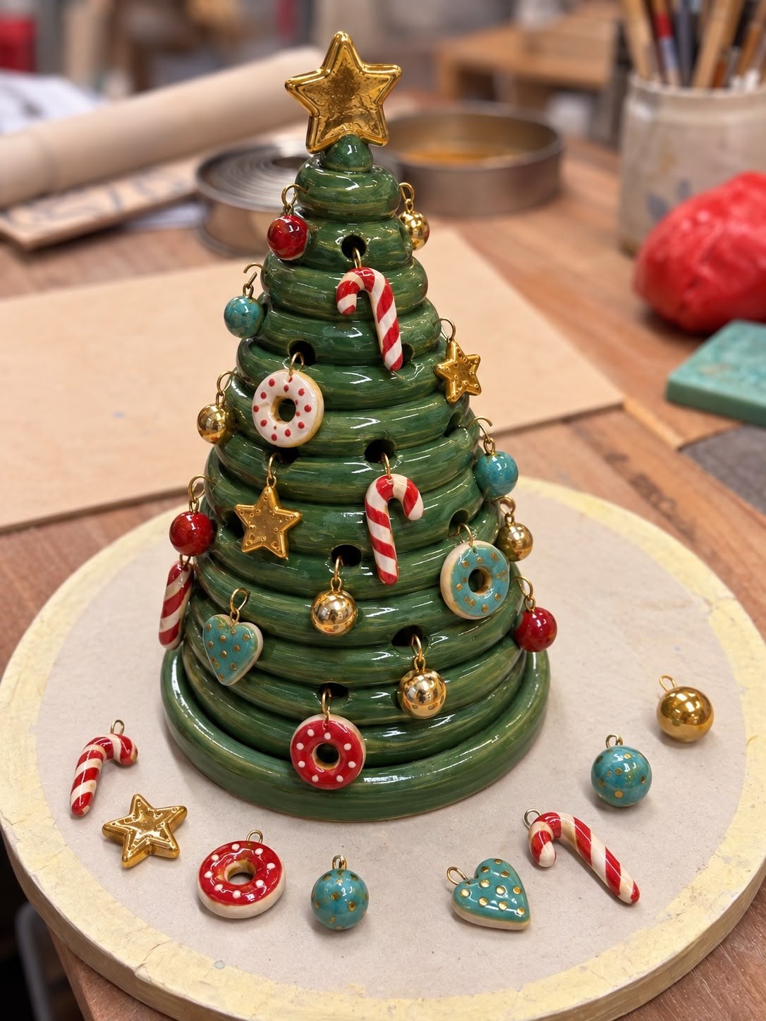 Green glazed ceramic Christmas tree with a gold star and colourful hanging ornaments