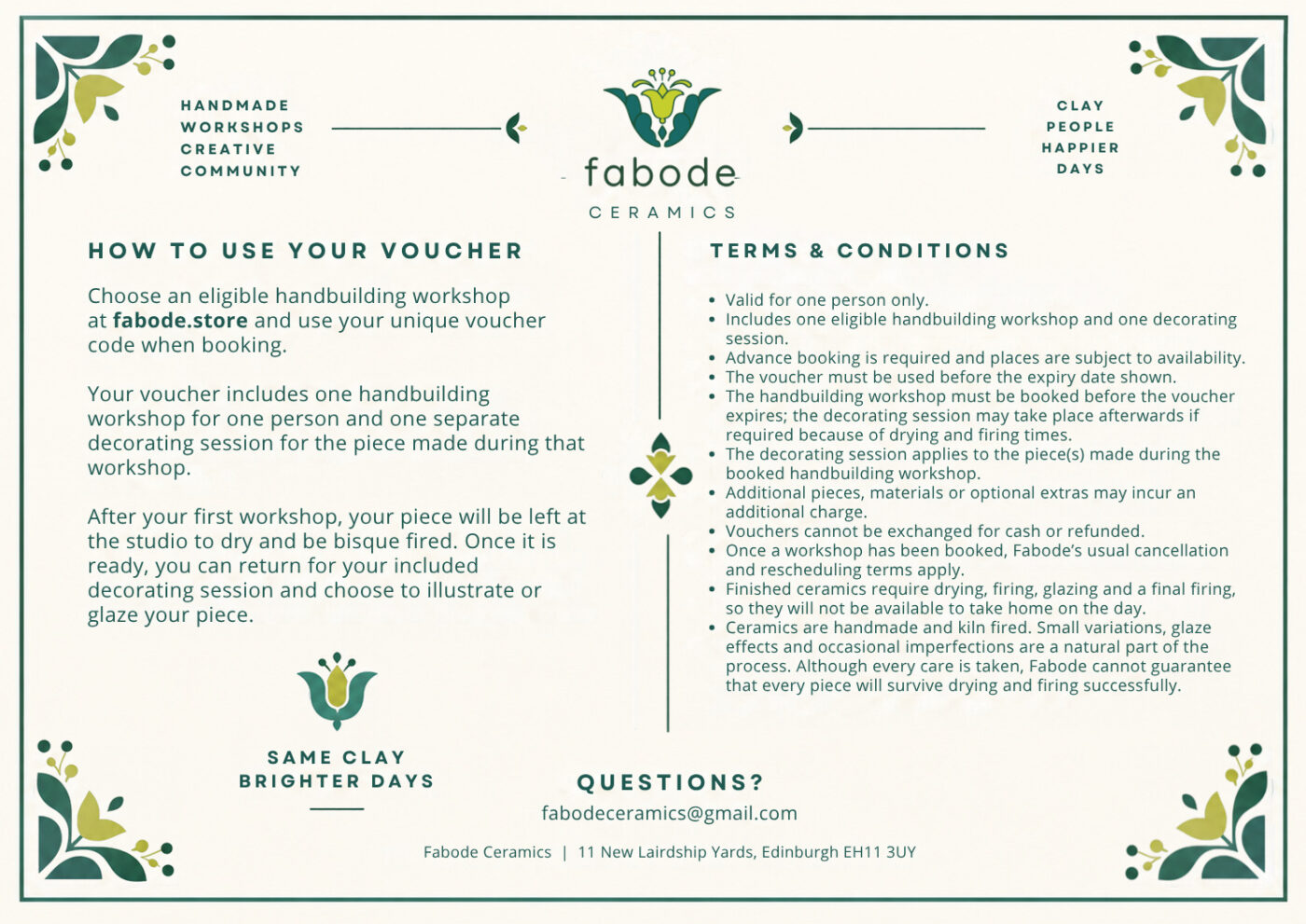 Fabode gift voucher instructions showing how to book one handbuilding workshop and a later decorating session