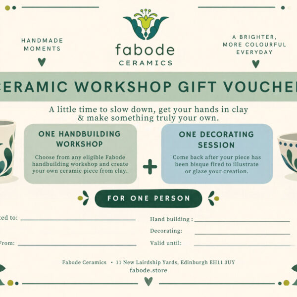 Fabode ceramic workshop gift voucher showing one handbuilding workshop and one decorating session for one person
