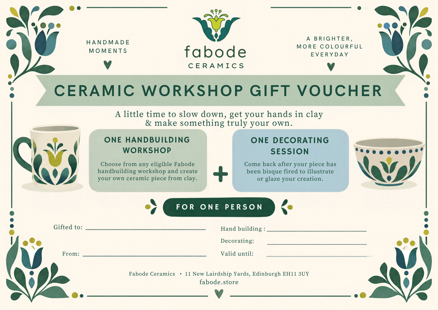 Fabode ceramic workshop gift voucher showing one handbuilding workshop and one decorating session for one person
